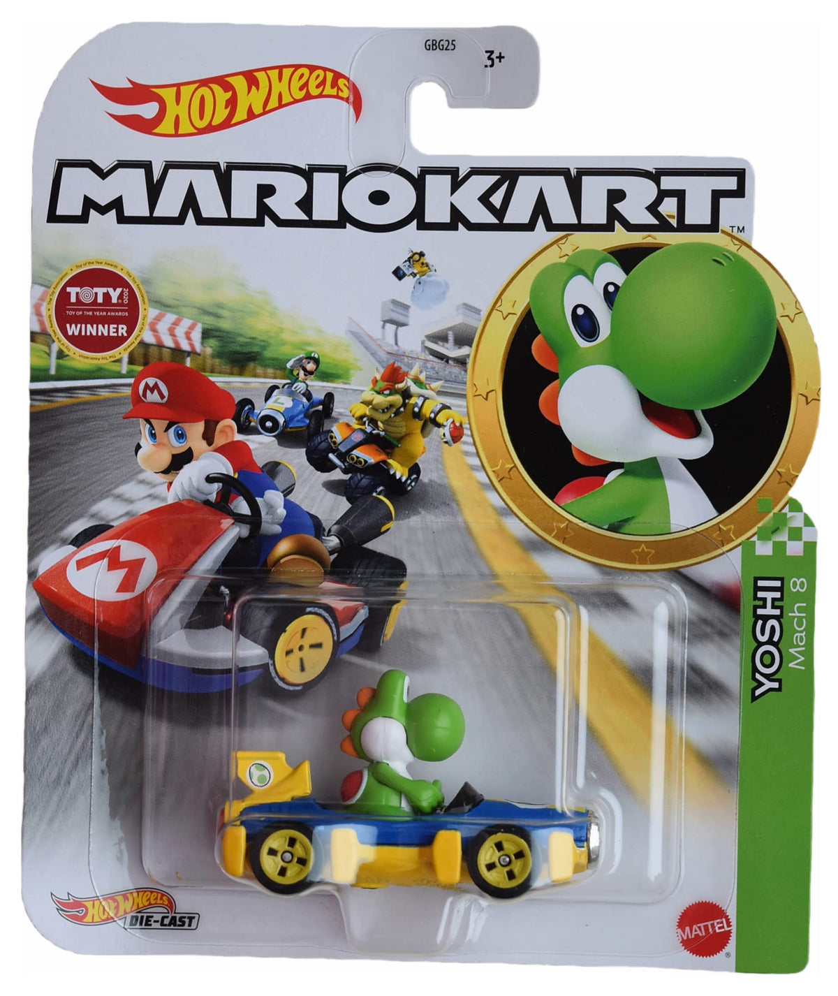 Hot Wheels Mario Kart Yoshi Mach 8 car, front-view, ideal for fast imaginative racing