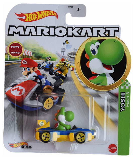 Hot Wheels Mario Kart Yoshi Mach 8 car, front-view, ideal for fast imaginative racing