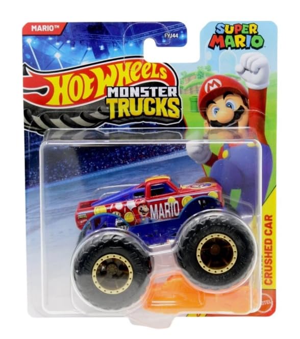 Hot Wheels Mario Monster Truck with crushed car for display and imaginative play.