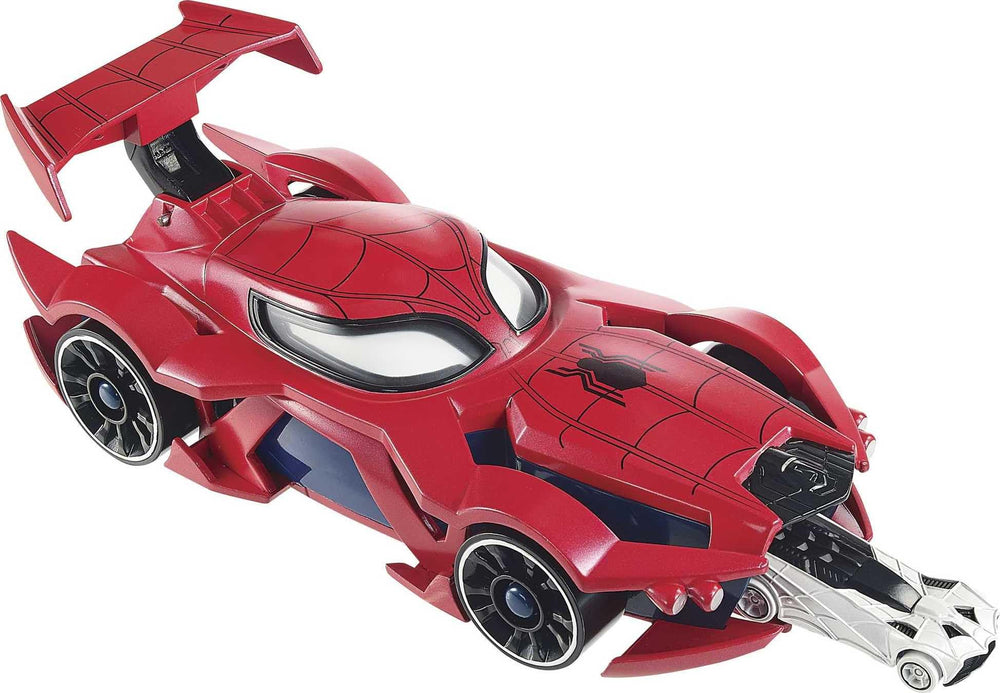 Hot Wheels Spider-Man exclusive web car promotes dynamic action missions.