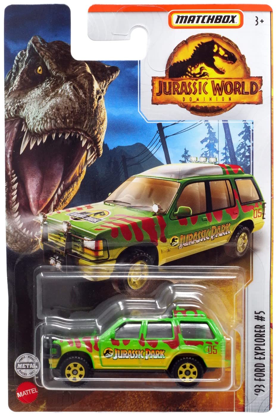 Hot Wheels Matchbox 1993 Ford Explorer #5 in Jurassic World Dominion livery for display.