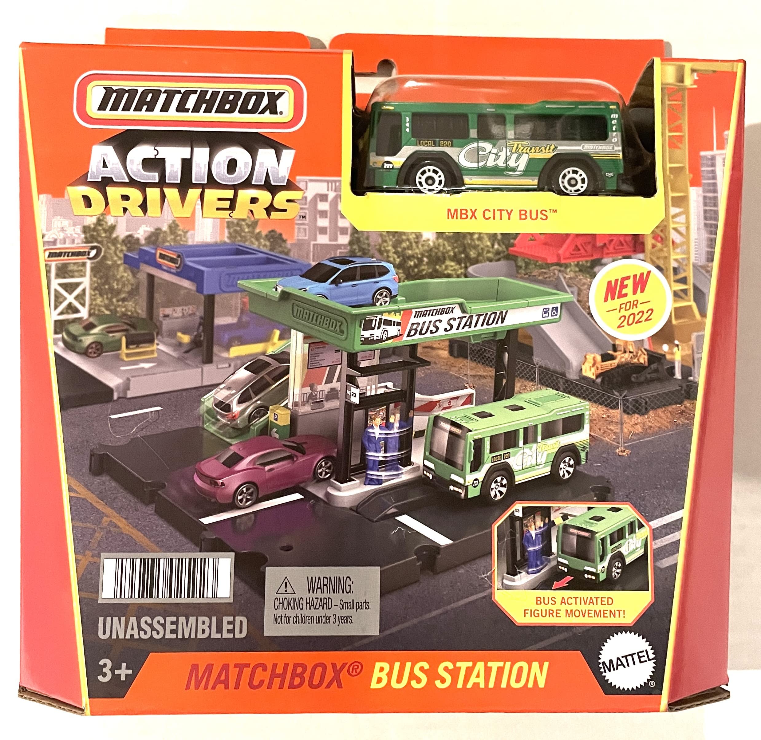 Hot Wheels Matchbox Bus Station with MBX City Bus unassembled for imaginative play and collection.