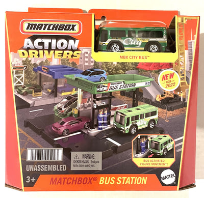 Hot Wheels Matchbox Bus Station with MBX City Bus unassembled for imaginative play and collection.