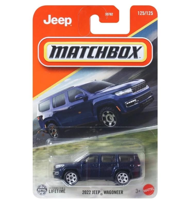 Hot Wheels Matchbox Jeep Wagoneer in dark blue, 1:64 diecast for display and collection.