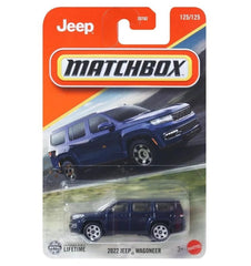 Hot Wheels Matchbox Jeep Wagoneer in dark blue, 1:64 diecast for display and collection.
