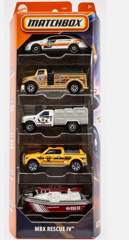 Hot Wheels Monster Trucks MBX Rescue IV 5pack toy set for imaginative rescue play.