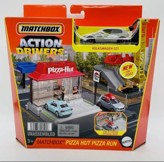 Hot Wheels Matchbox Pizza Run playset featuring VW GTI for imaginative play.