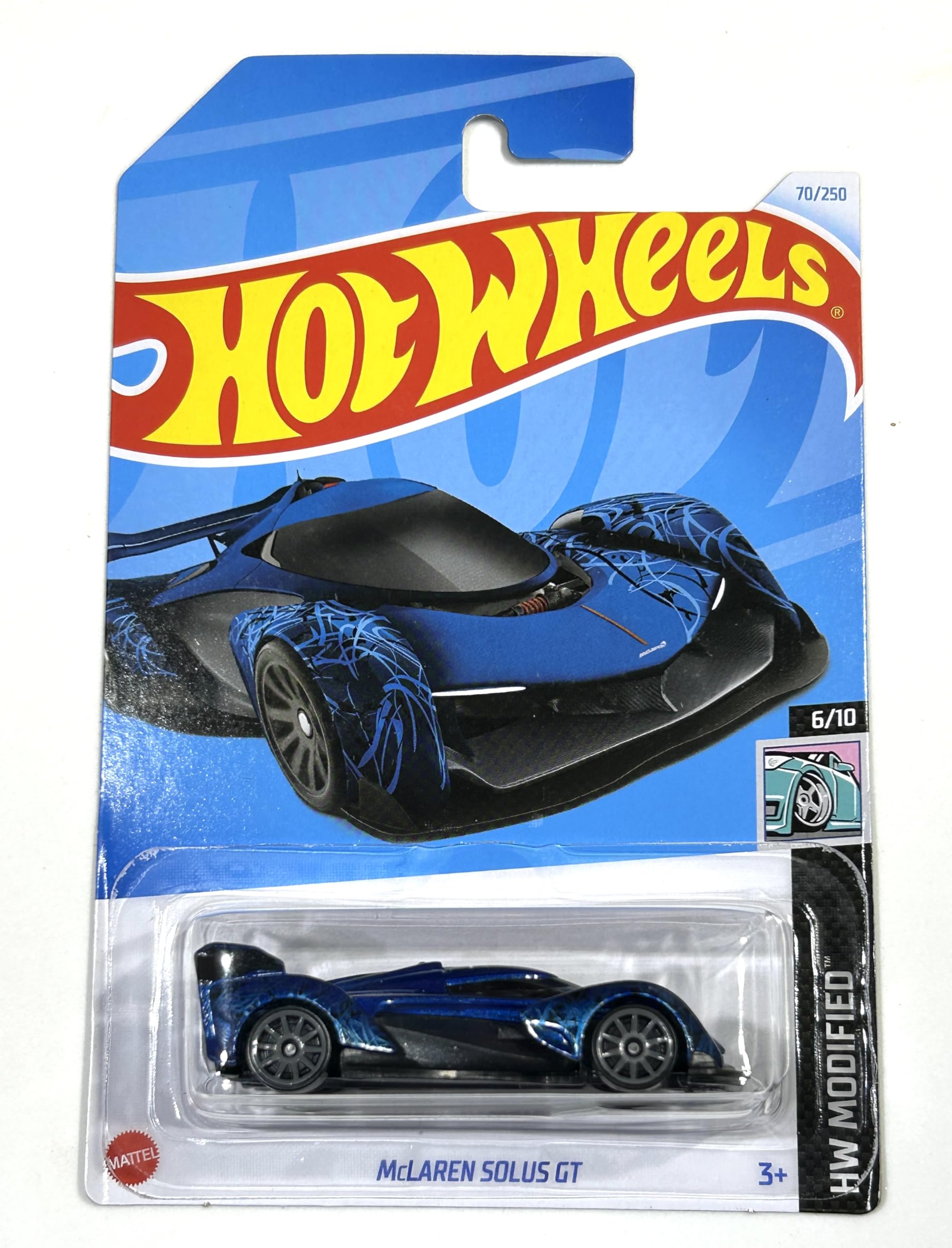 Hot Wheels McLaren Solus GT blue side view for display and collectible detail.