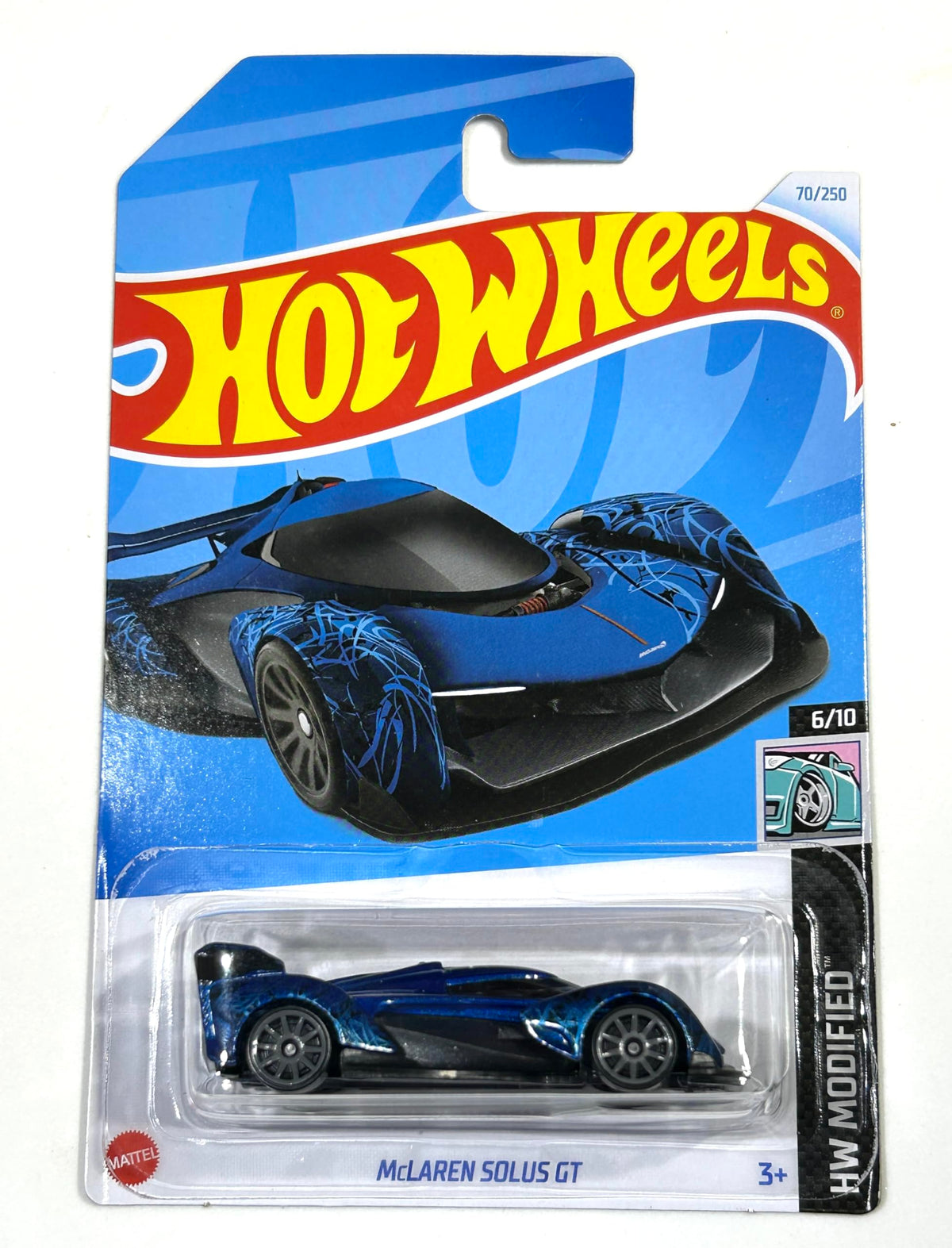 Hot Wheels McLaren Solus GT blue side view for display and collectible detail.