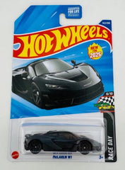 Hot Wheels McLaren W1 black race-day diecast car for display and collection.