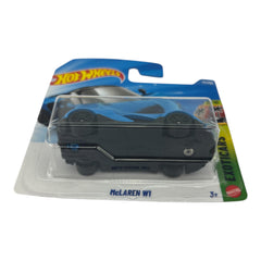 Hot Wheels McLaren W1 blue front emblem highlighting authentic styling