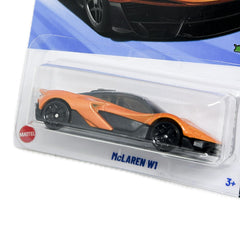 Hot Wheels McLaren W1 orange 1:64 scale diecast car for display and collection.