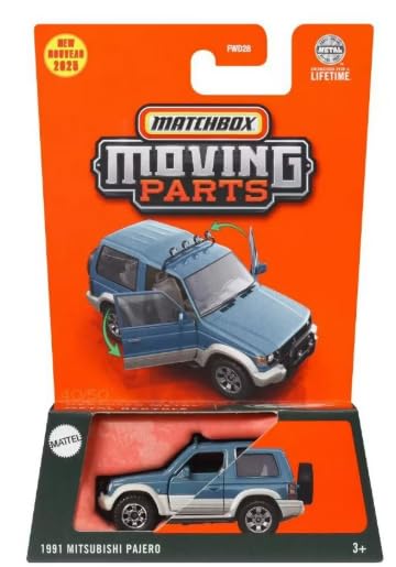 Hot Wheels Mitsubishi Pajero blue SUV 1:64 diecast with moving doors for display.