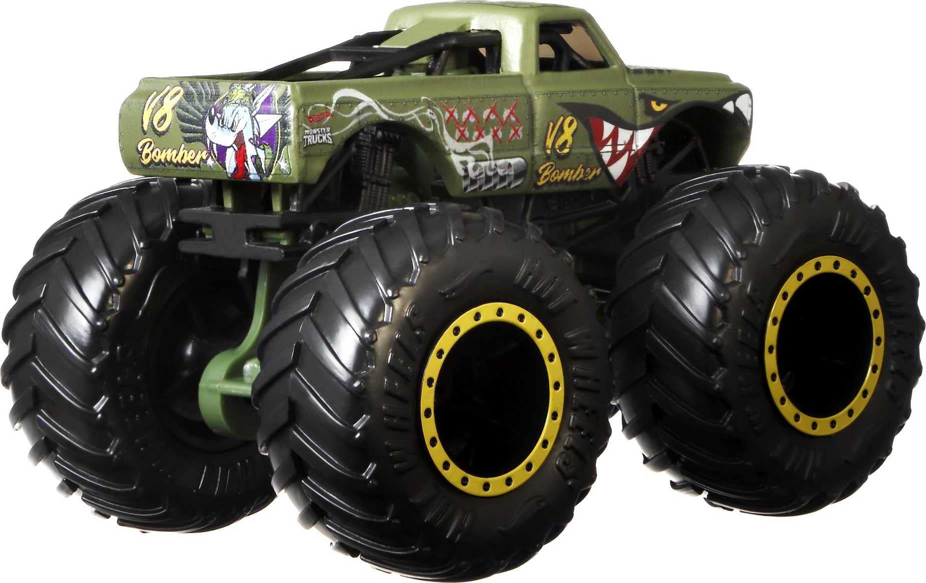 Hot Wheels Monster Trucks 4-Pack back stats detail truck names and motor-vation.