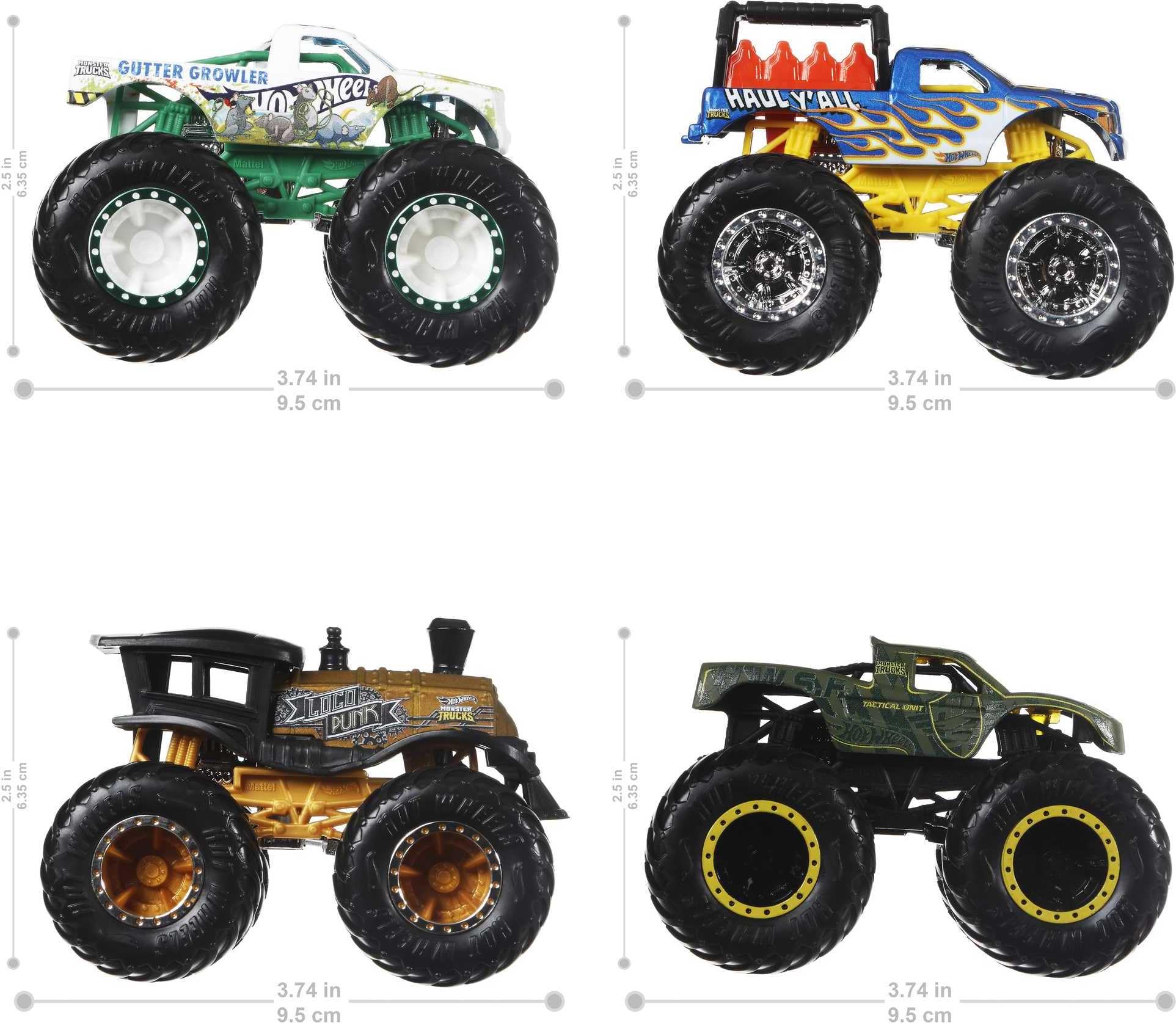 Hot Wheels Monster Trucks 4-Pack truck 2 view highlights durable build for crash play.
