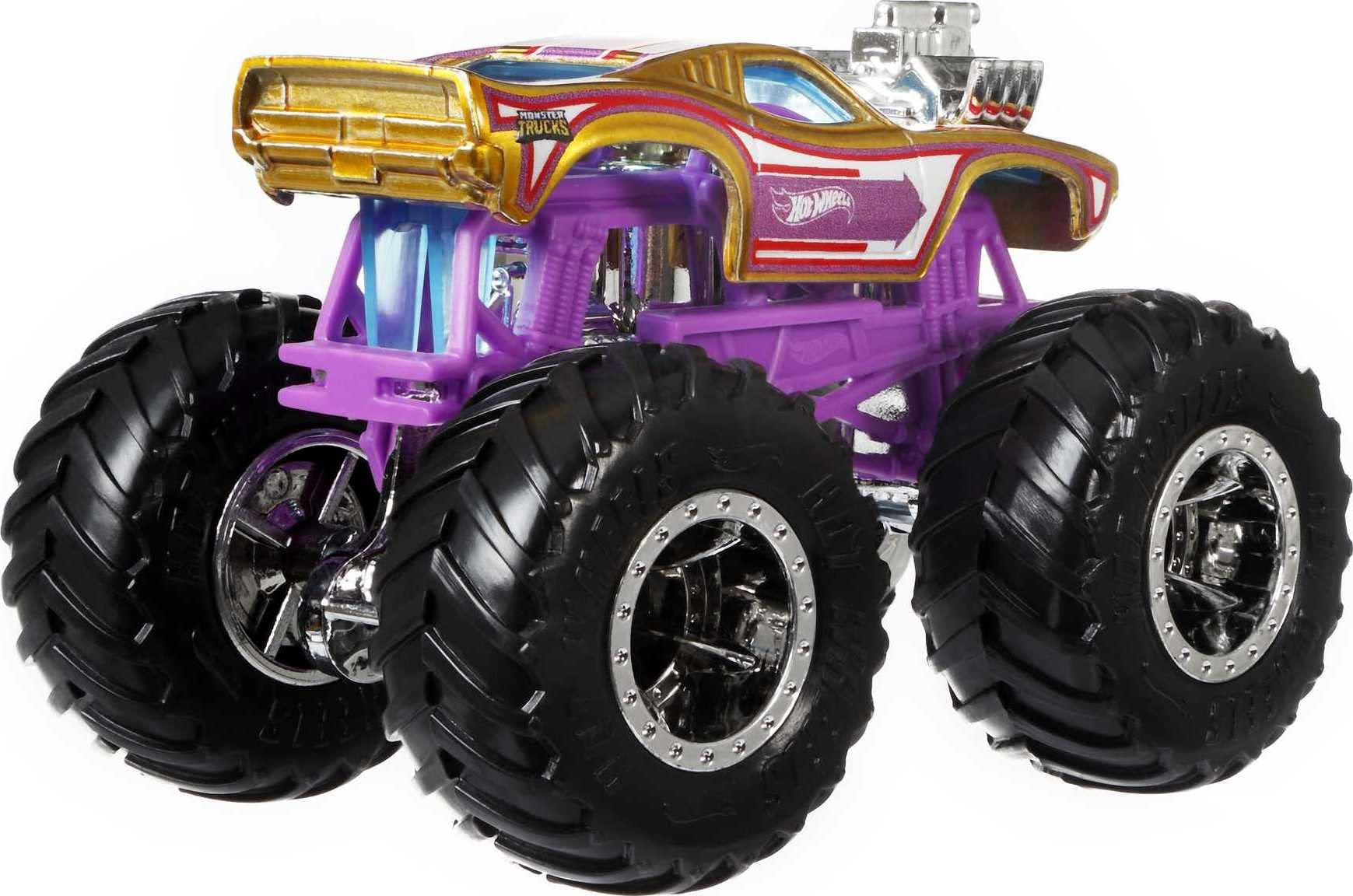 Hot Wheels Monster Trucks 4-Pack truck 3 view showcases unique crash attack design.