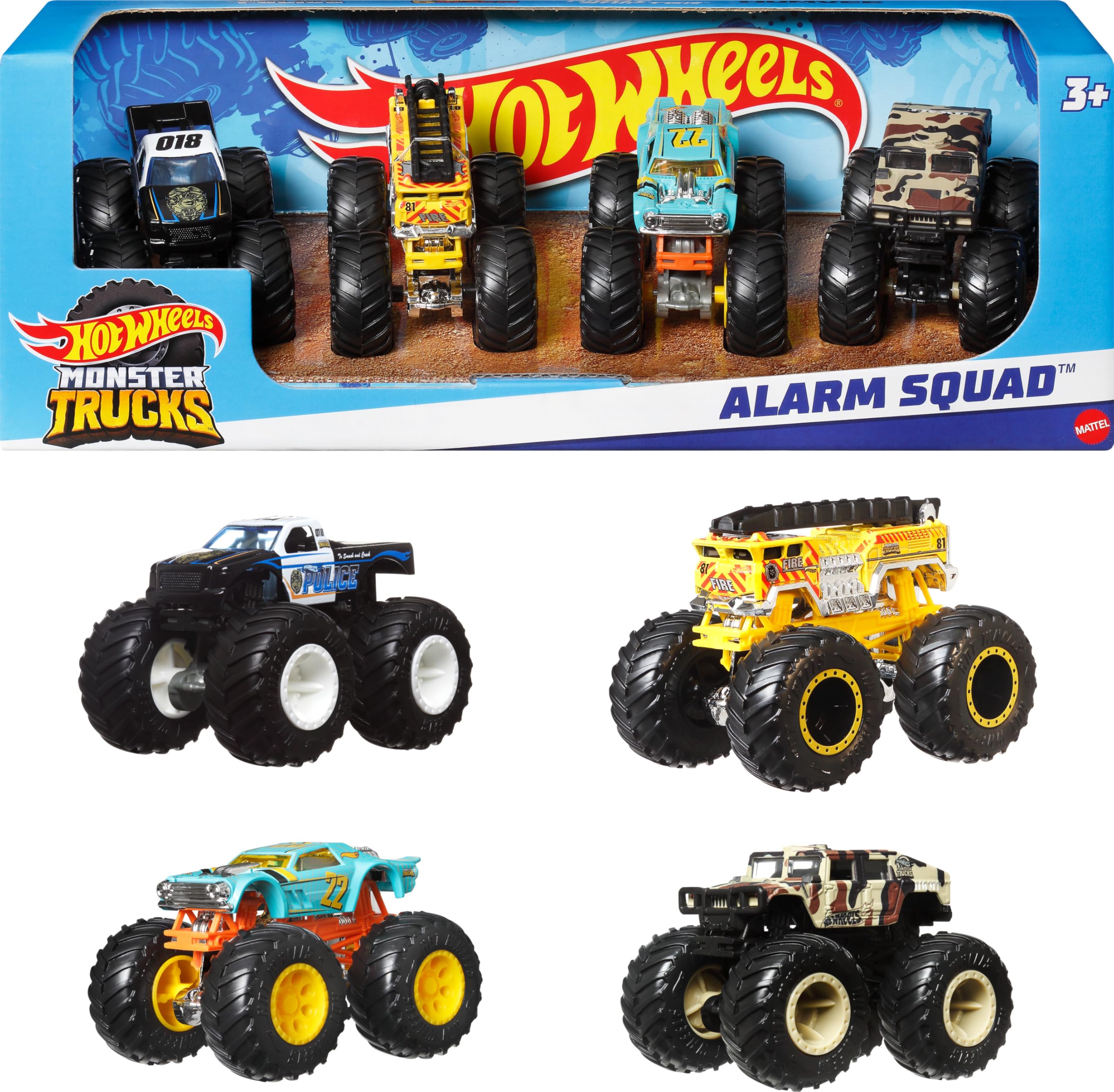 Hot Wheels Monster Trucks 4-pack inside a window box showing vibrant decos for gifting inspiration