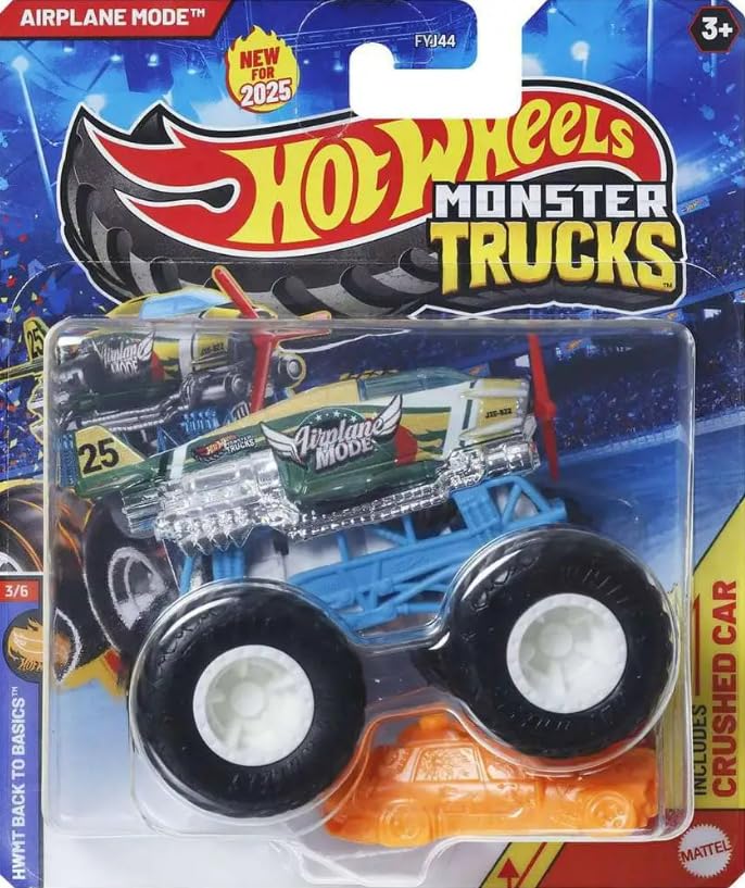 Hot Wheels Monster Trucks Airplane Mode with crushed car for dynamic play and display.