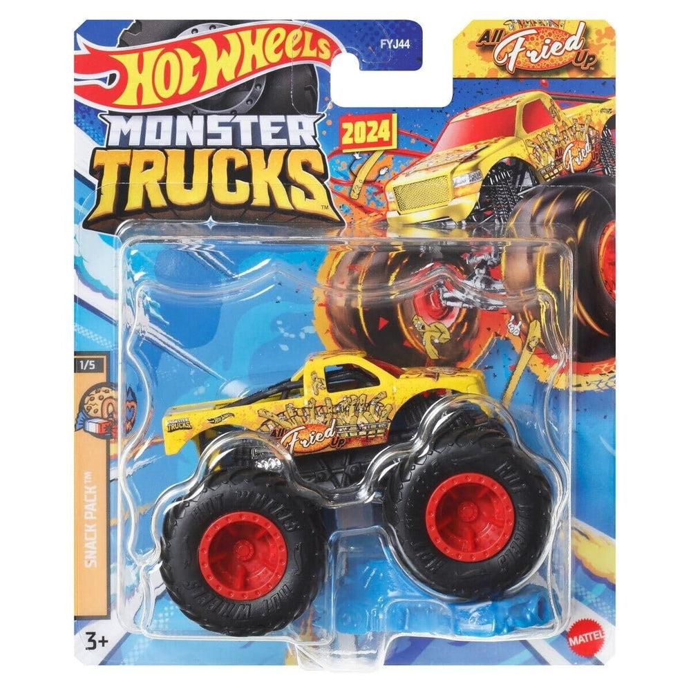Hot Wheels All Fried Up Snack Pack monster truck in 1:64 scale for dynamic action.
