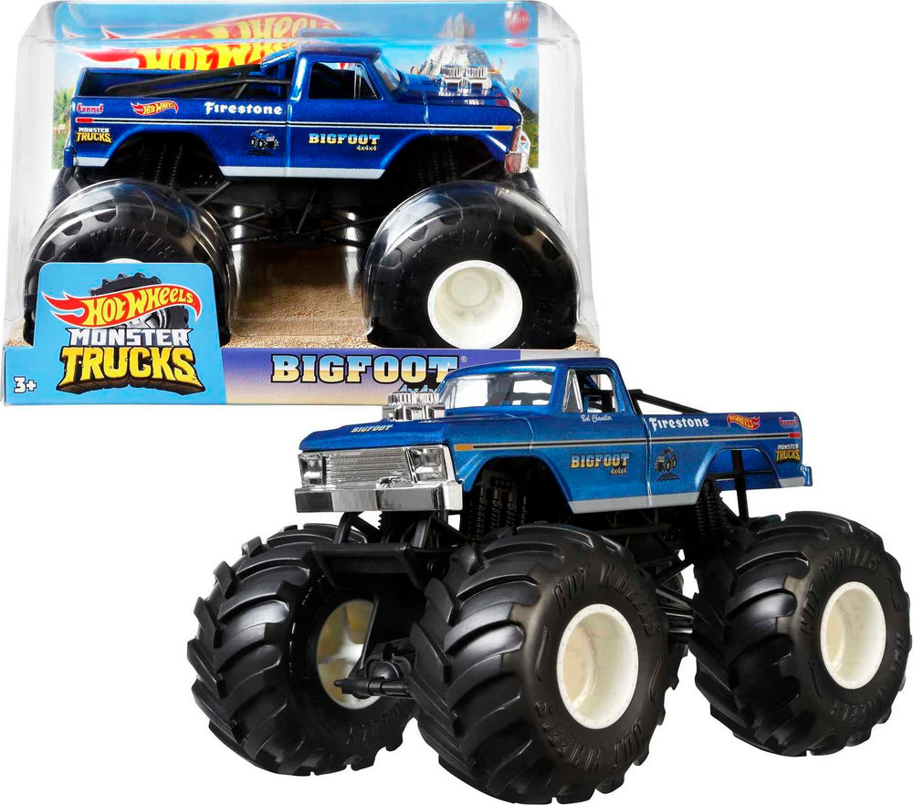 Hot Wheels Bigfoot 1:24 scale monster truck with oversized tires for epic pretend play.
