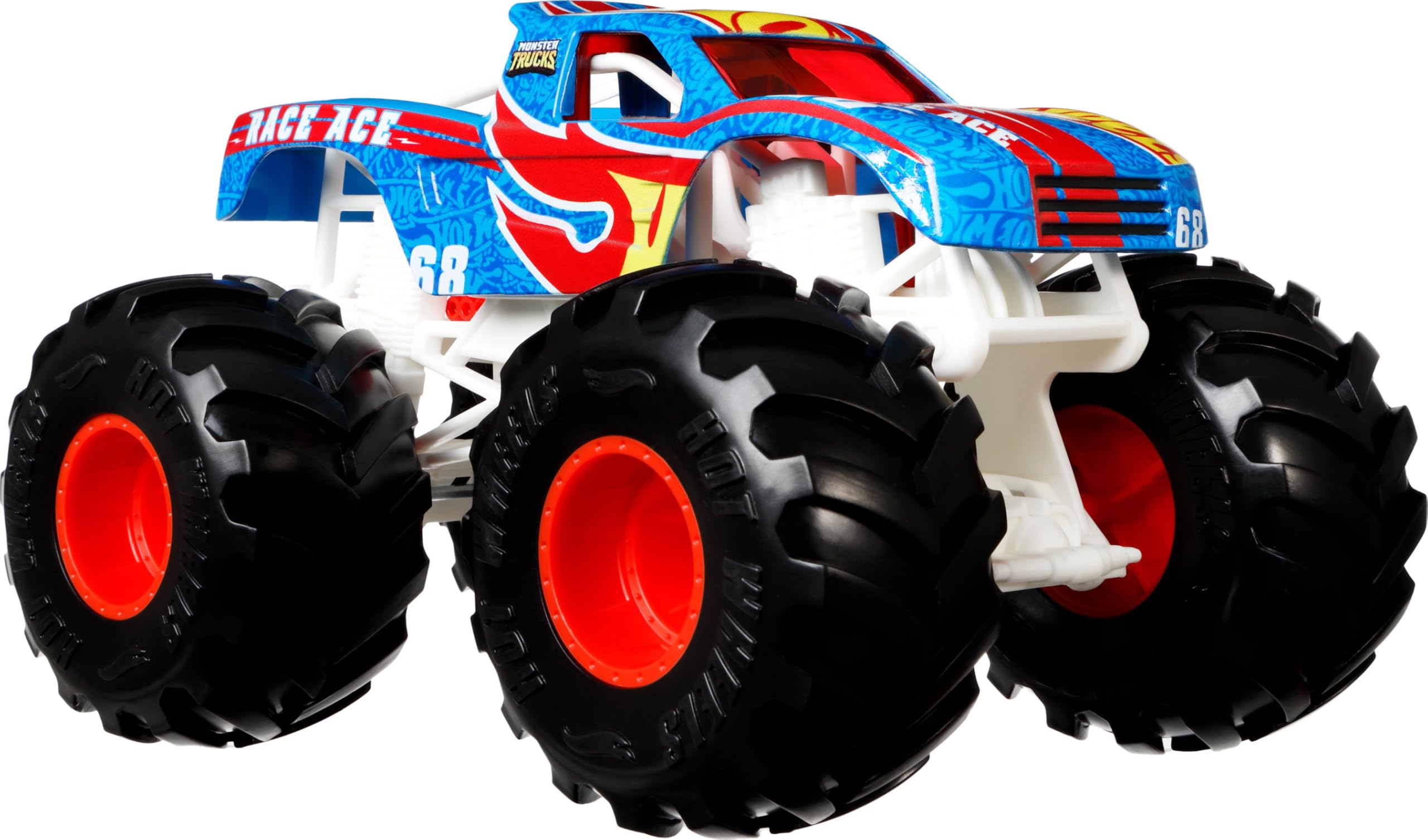 Hot Wheels Monster Trucks back shows character stats for narrative depth.