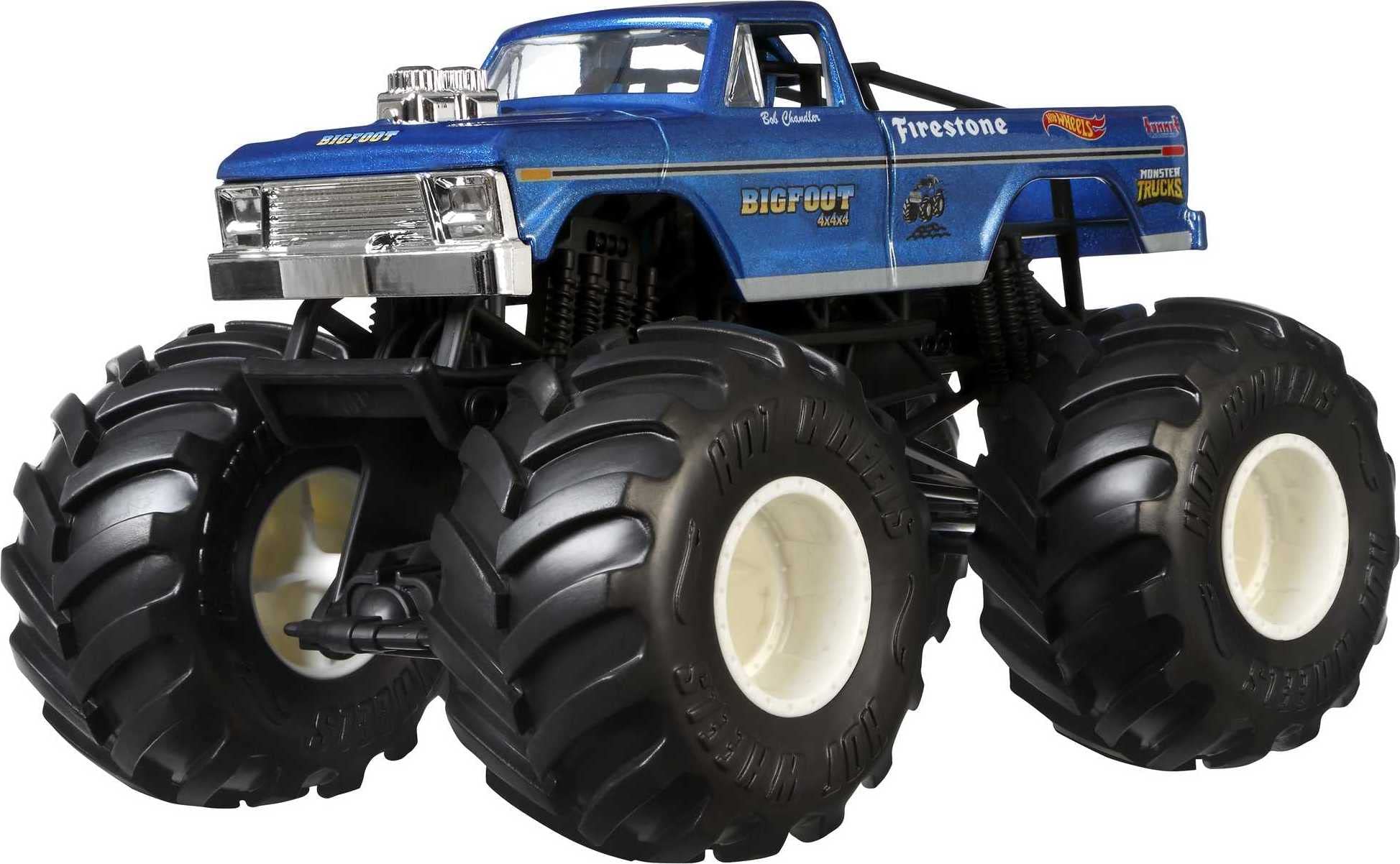 Hot Wheels monster trucks arranged for a display, highlighting bold styling for collectors.
