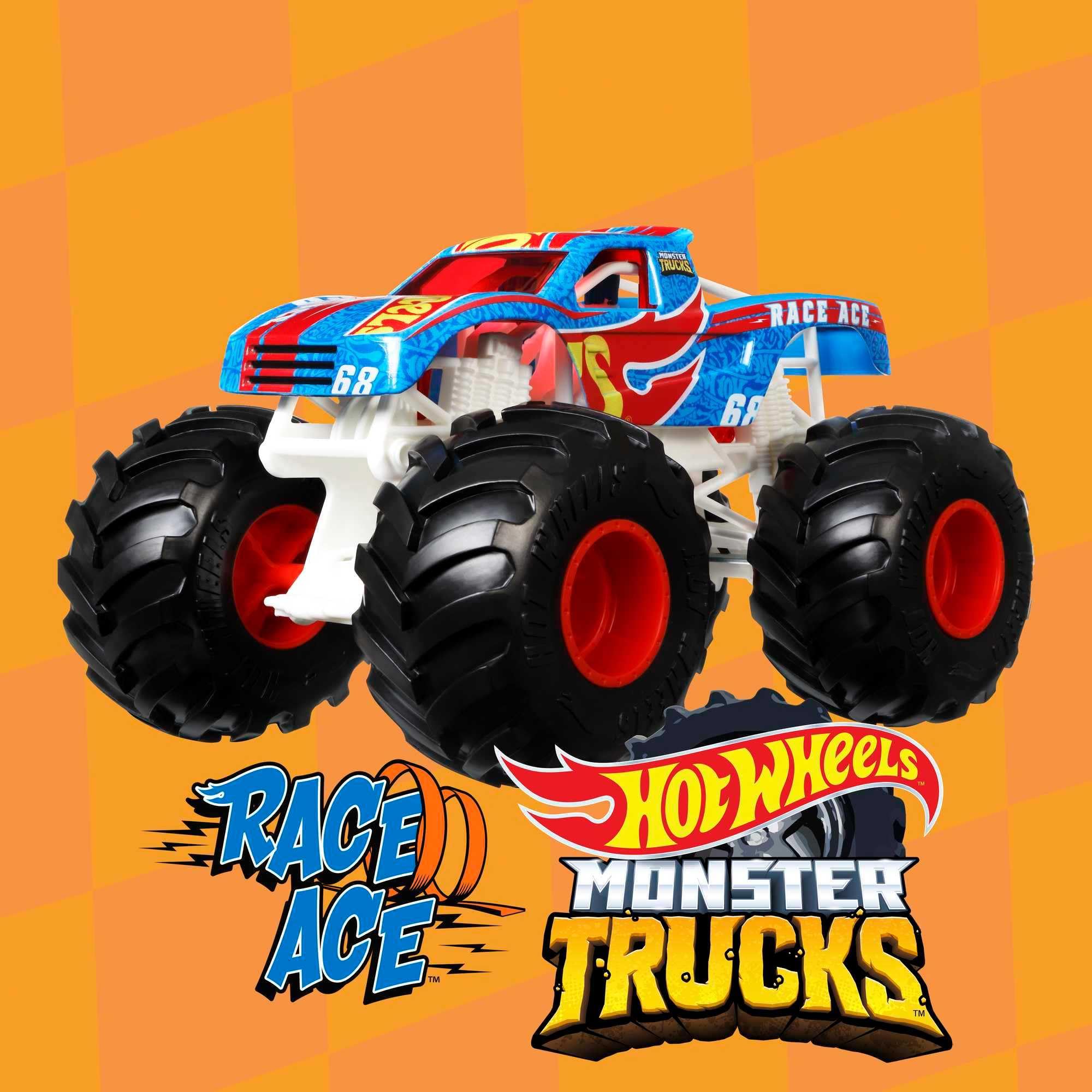 Hot Wheels Monster Trucks die-cast metal body emphasizes durable build.