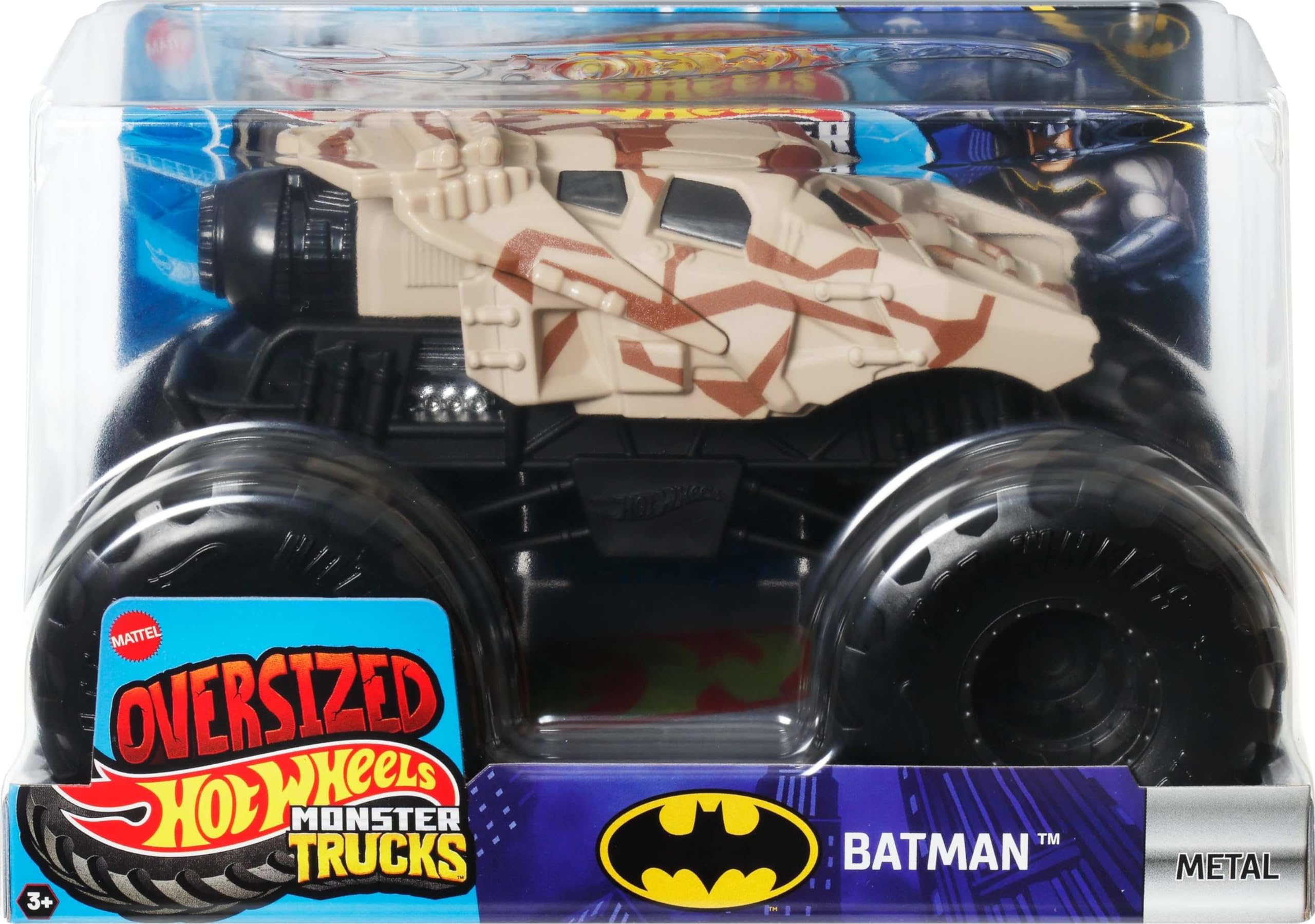 Hot Wheels Monster Trucks giant wheels detail highlight for dramatic crashes and stunts.