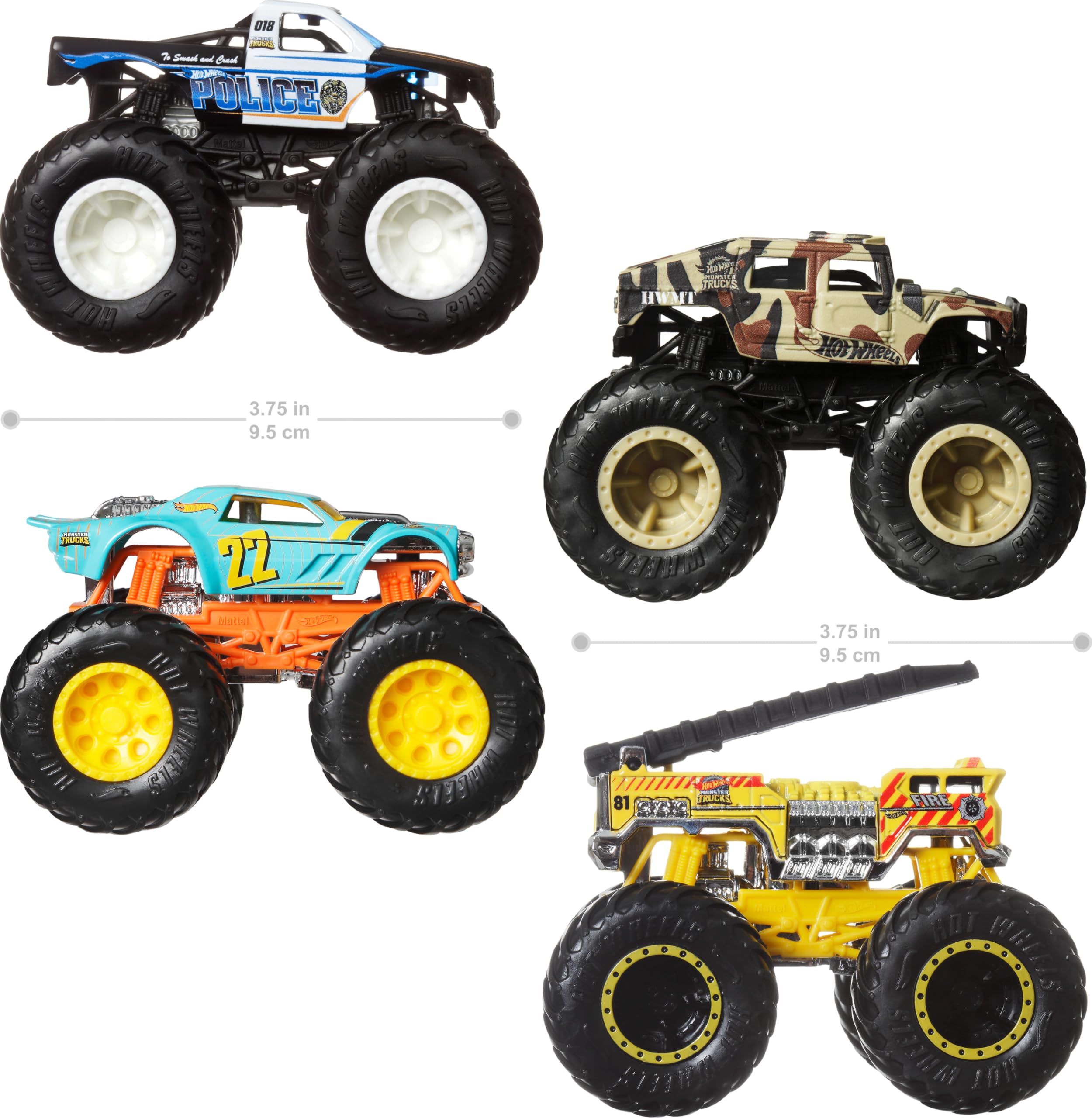 Lineup of Hot Wheels Monster Trucks with bold colors and detailing for collection and display