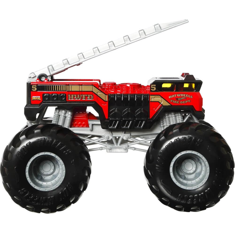 Hot Wheels Monster Trucks Oversized 5 Alarm wheel closeup, oversized tires for dramatic action.