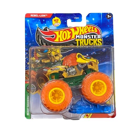 Hot Wheels Rebel Lion monster truck with crushed car accessory for dynamic play and display