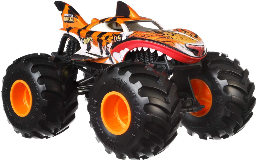 Hot Wheels Tiger Shark monster truck, front view, oversized wheels for rugged play.