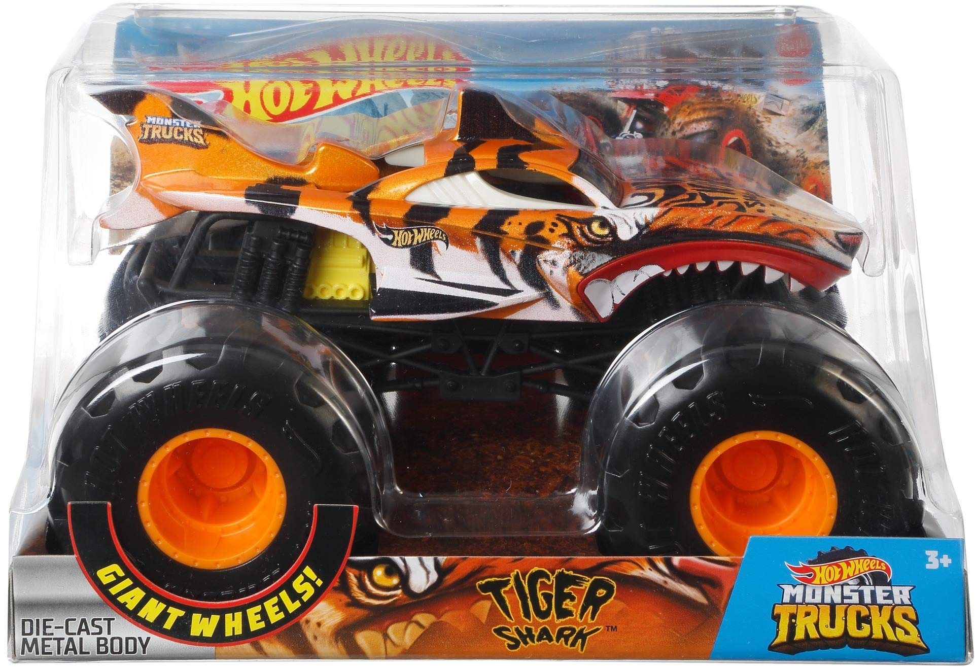Hot Wheels Tiger Shark packaging with stats sparks storytelling.