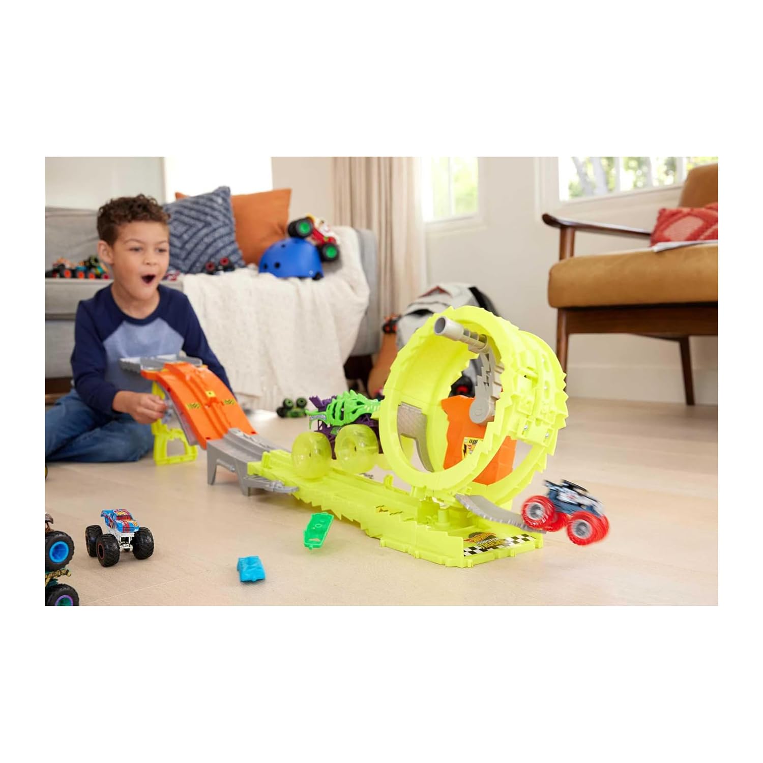 Hot Wheels Monster Trucks Track Set Bone Shaker engages in a high-speed race.