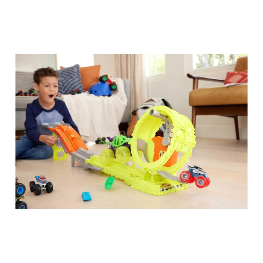 Hot Wheels Monster Trucks Track Set Bone Shaker engages in a high-speed race.