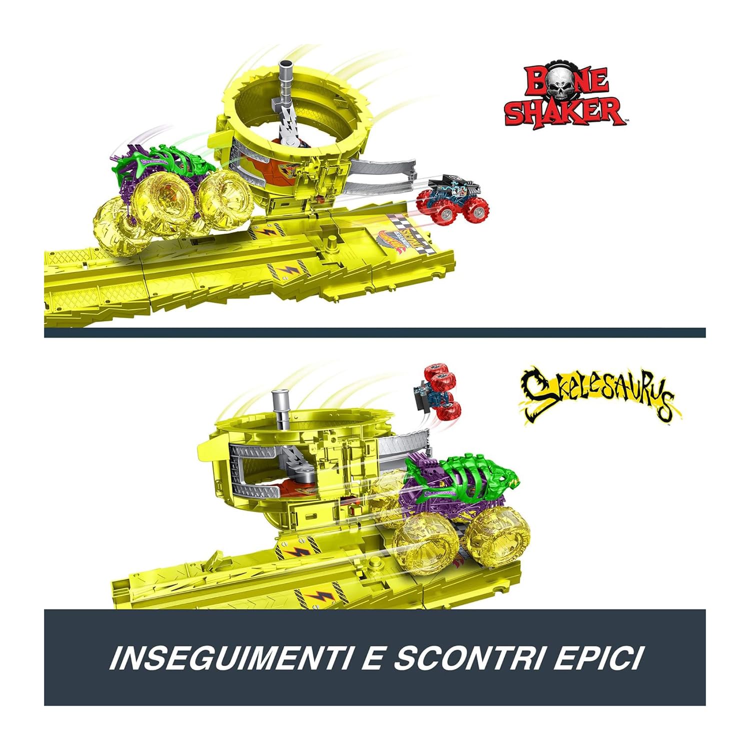 Hot Wheels Monster Trucks Track Set includes crushed cars for dramatic destruction visuals.