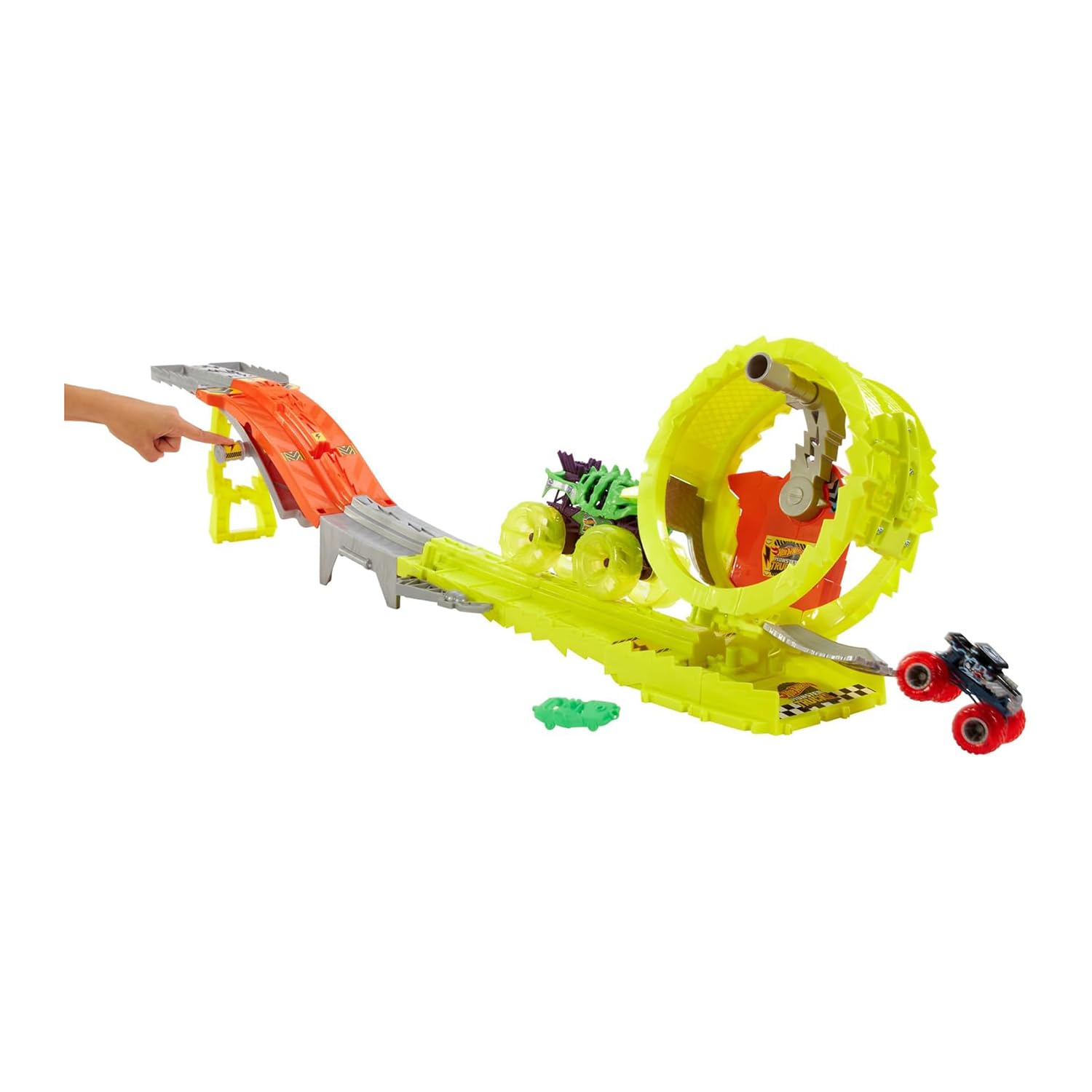 Hot Wheels Monster Trucks Track Set Power switch launches two trucks.