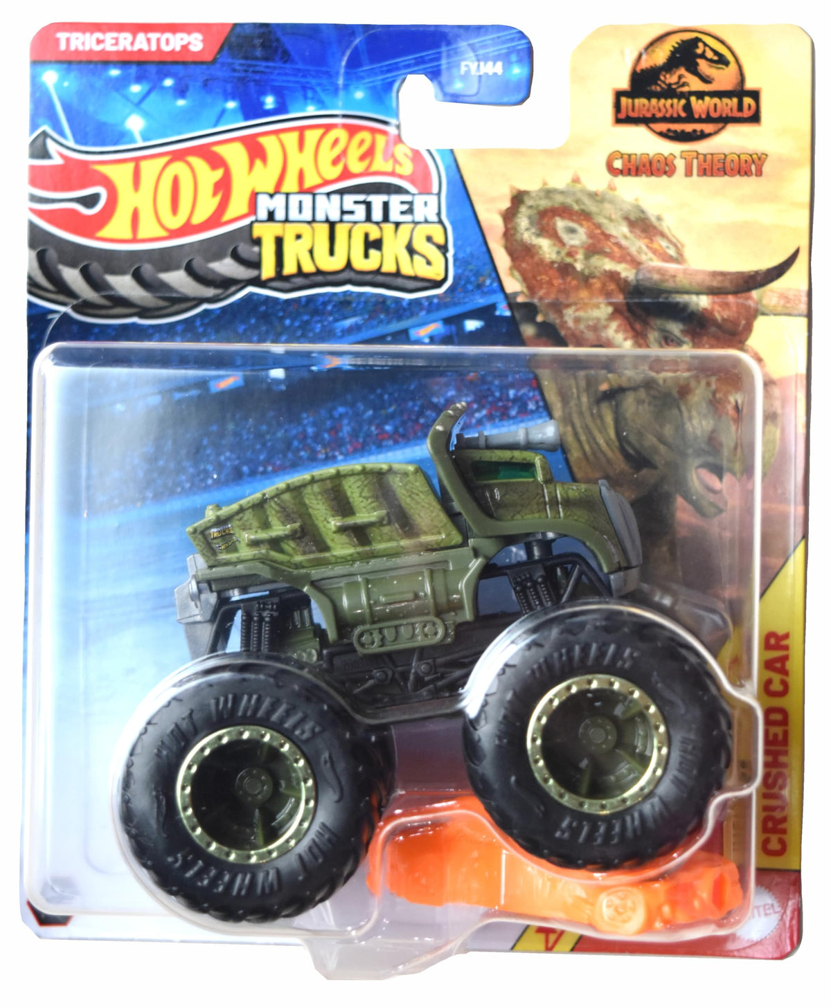 Hot Wheels Monster Trucks Triceratops with crushed car offers durable play for rugged toy adventures