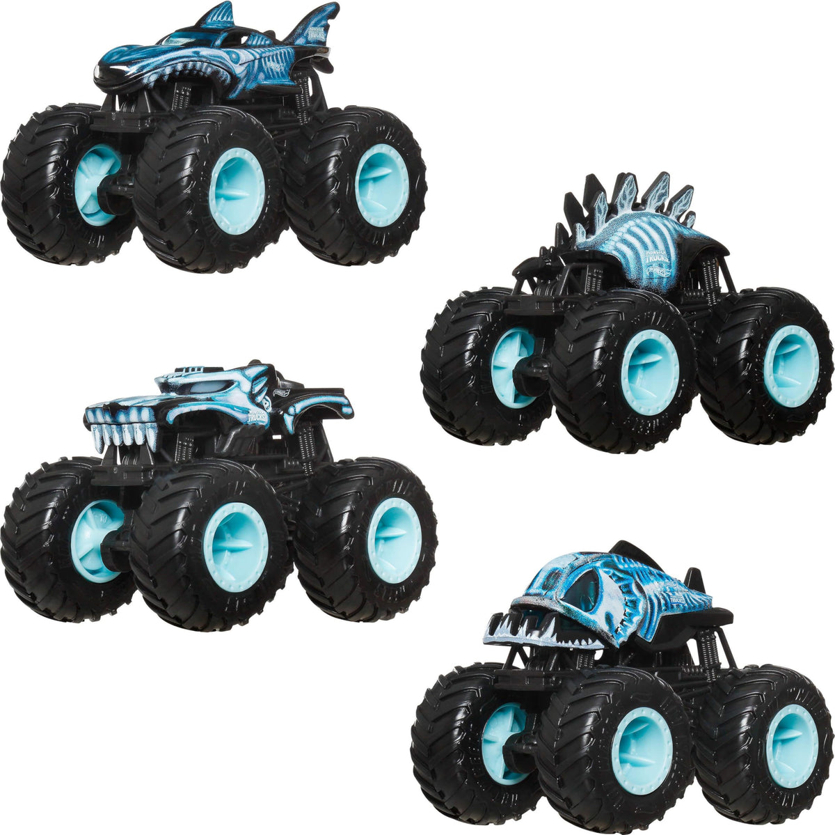 Hot Wheels Monster Trucks 4-Pack in window box for display and storytelling play.