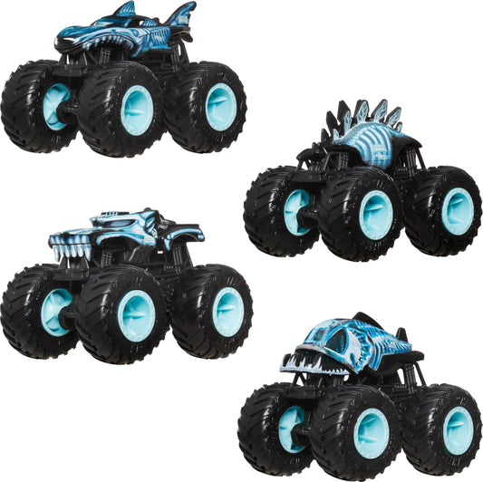 Hot Wheels Monster Trucks 4-Pack in window box for display and storytelling play.
