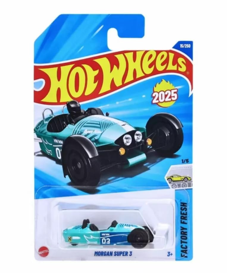 Hot Wheels Morgan Super 3 teal die-cast car, ideal for display and collection.