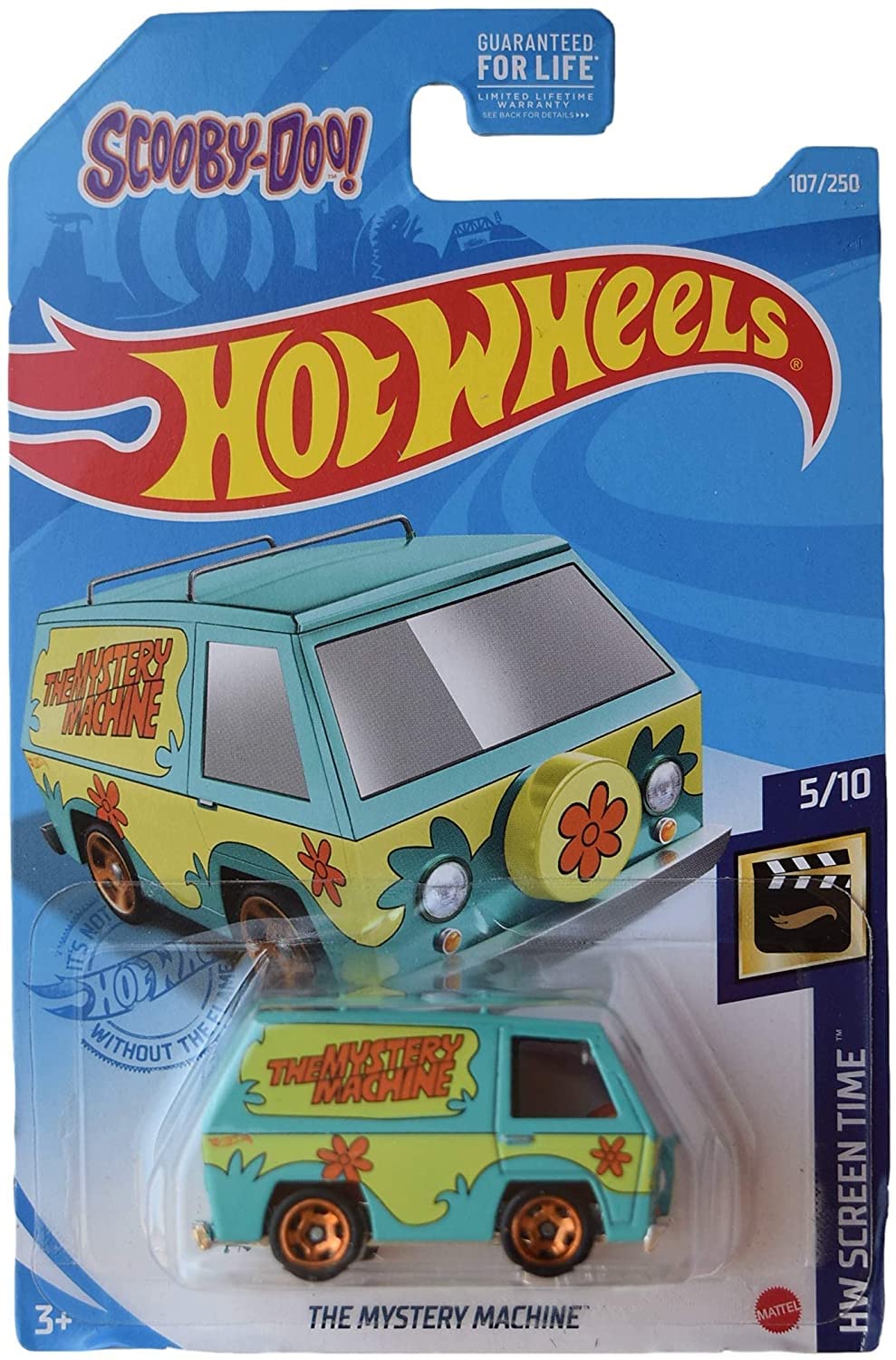Hot Wheels Mystery Machine 1:64 die-cast with Scooby-Doo colors, ideal for display and collection.