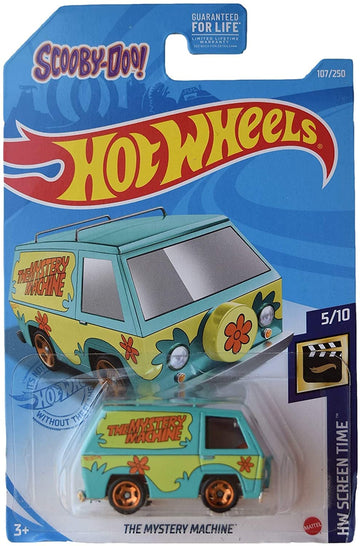 Hot Wheels Mystery Machine 1:64 die-cast with Scooby-Doo colors, ideal for display and collection.