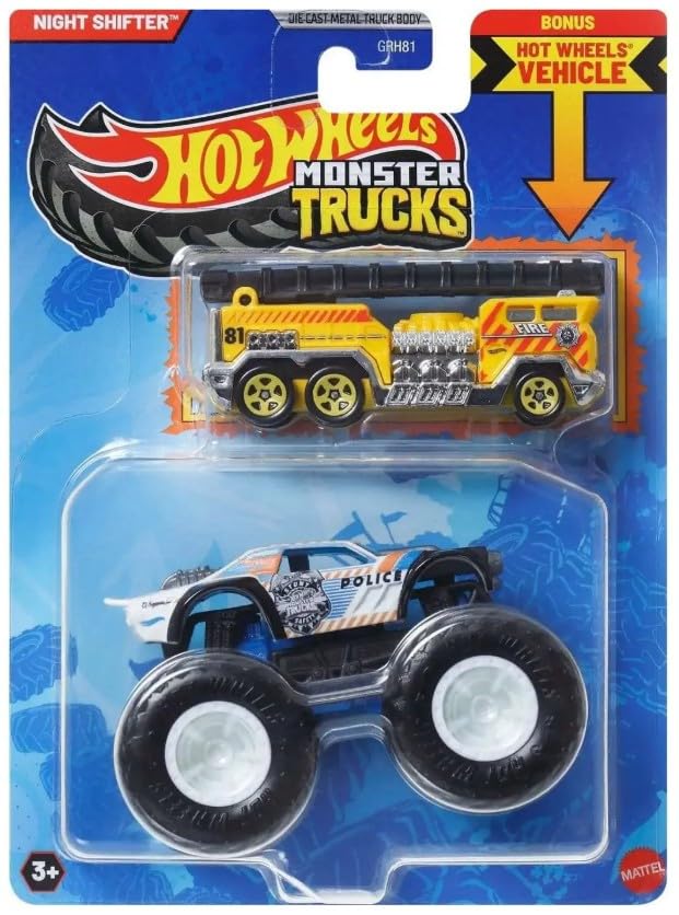 Hot Wheels Night Shifter Police monster truck with crushable 5 Alarm car for action-packed play