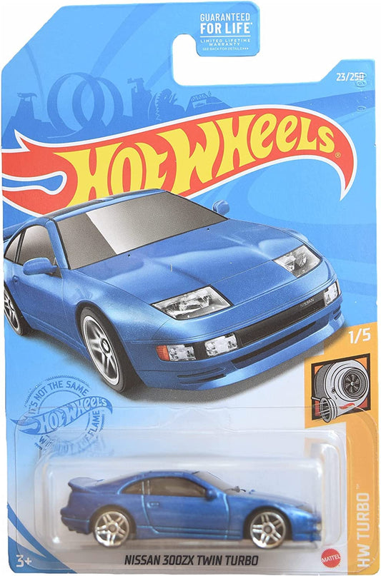 Hot Wheels Nissan 300ZX Twin Turbo blue front view, ideal for display and collection.