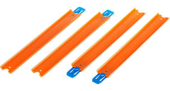 Hot Wheels orange straight track pieces add vibrant modular setups.