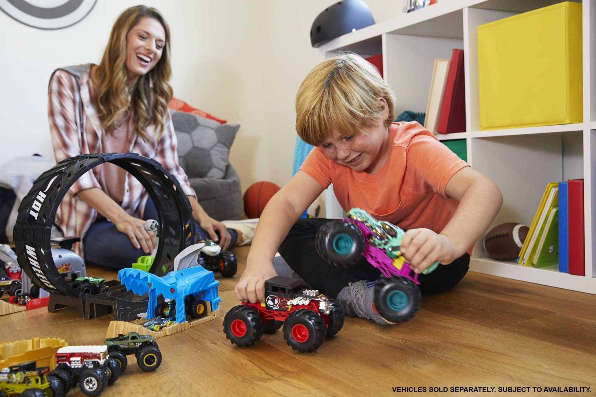Hot Wheels oversized monster truck with giant wheels for dramatic crashing action.