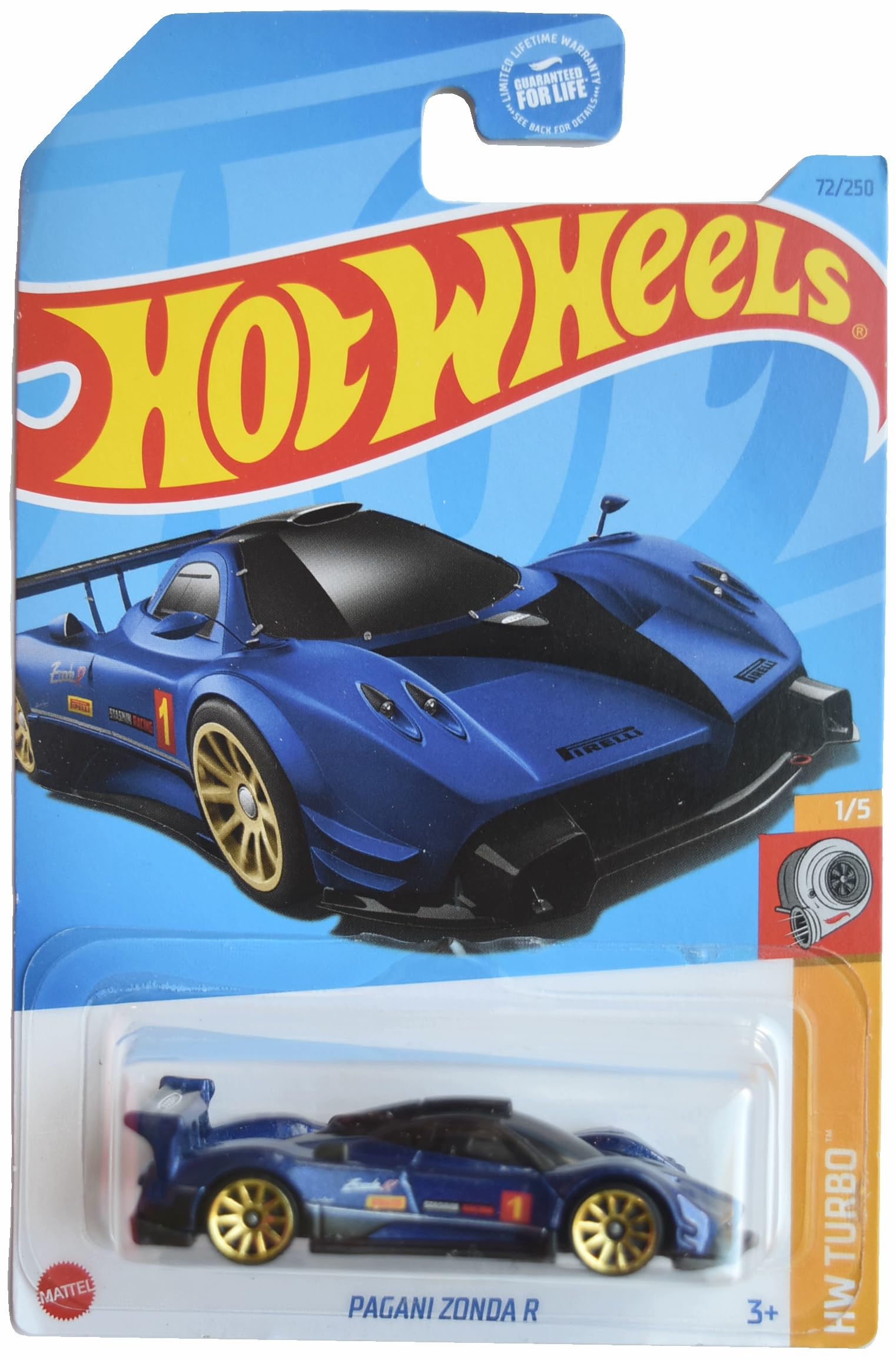 Hot Wheels Pagani Zonda R blue die-cast car side view, ideal for display and collection.
