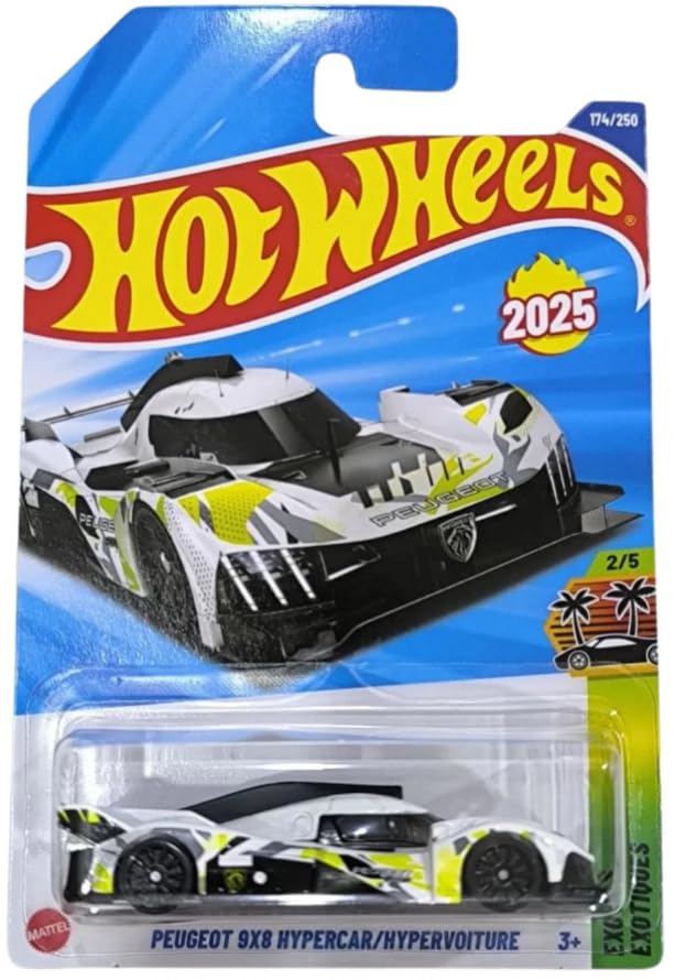 Hot Wheels Peugeot 9X8 Hypercar in white, a display-ready 1:64 diecast for collectors.