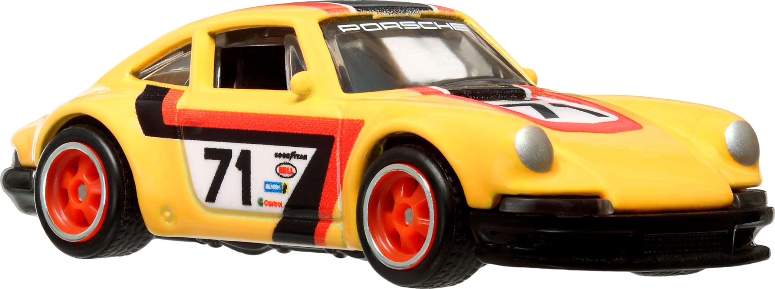 Hot Wheels Porsche 911 1971 side deco detail, vivid graphics for collectors.